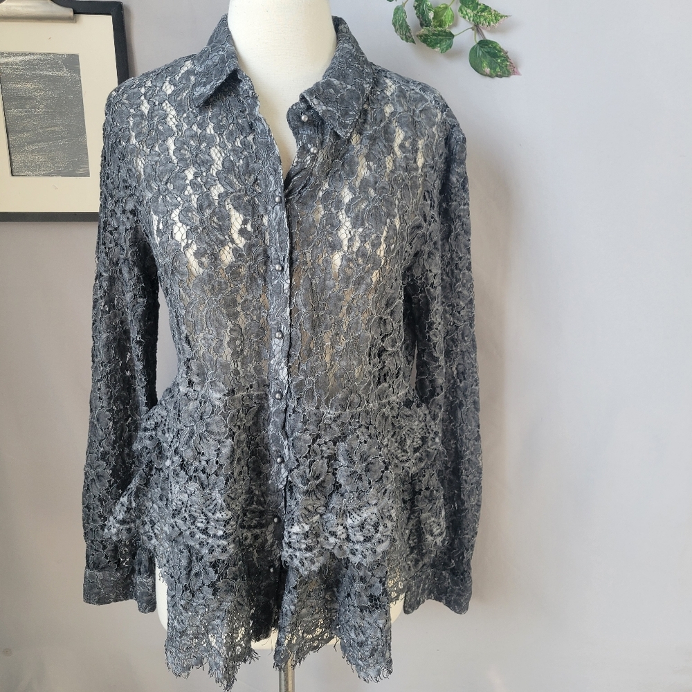 Indigo Thread Co Collared Lace Tiered Romantic Peplum Top Gray L